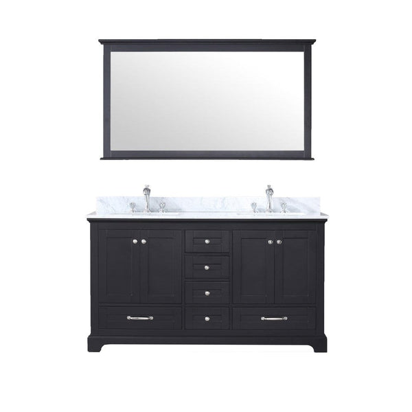 Lexora Dukes 60 Espresso Double Vanity Set | White Carrara Marble Top | White Ceramic Square Undermount Sinks | 58 Mirror