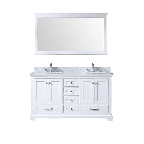 Lexora Dukes 60 White Double Vanity Set | White Carrara Marble Top | White Ceramic Square Undermount Sinks | 58 Mirror