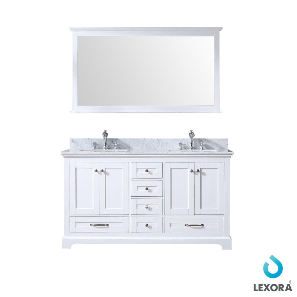 Lexora Vanities Lexora Dukes 60" White Double Vanity Set | White Carrara Marble Top | White Ceramic Square Undermount Sinks | 58" Mirror