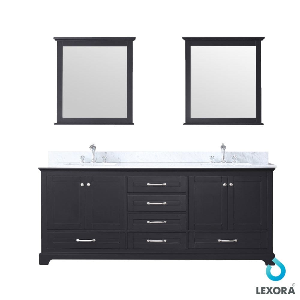 Lexora Vanities Lexora Dukes 80" Espresso Double Vanity Set in | White Carrara Marble Top | White Ceramic Square Undermount Sinks | 30" Mirrors
