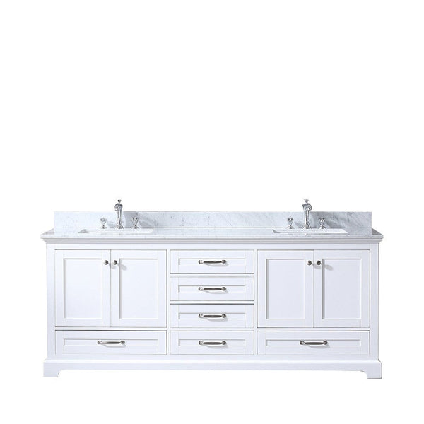 Lexora Dukes 80 White Double Vanity | White Carrara Marble Top | White Ceramic Square Undermount Sinks | No Mirror