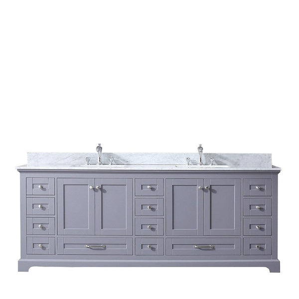 Lexora Dukes 84 Dark Grey Double Vanity | White Carrara Marble Top | White Ceramic Square Undermount Sinks | No Mirror