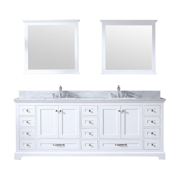 Lexora Dukes 84 White Double Vanity Set | White Carrara Marble Top | White Ceramic Square Undermount Sinks | 34 Mirrors
