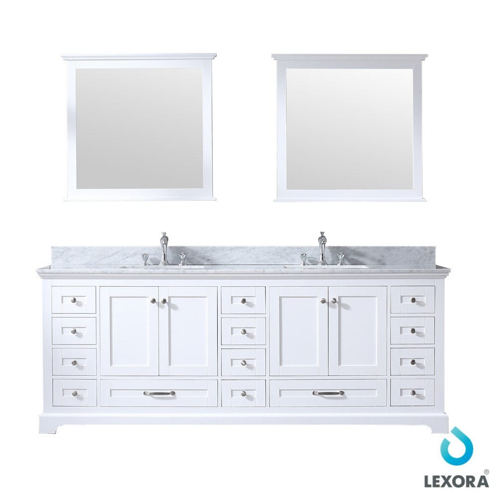 Lexora Vanities Lexora Dukes 84" White Double Vanity Set | White Carrara Marble Top | White Ceramic Square Undermount Sinks | 34" Mirrors