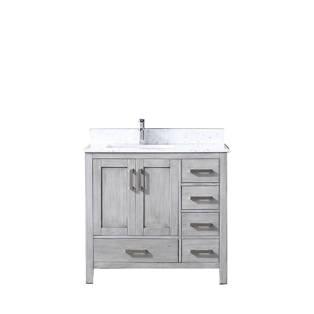 Lexora Vanities Lexora Jacques 36" Distressed Grey Single Vanity | White Carrara Marble Top | White Ceramic Square Undermount Sink | No Mirror - Left Version