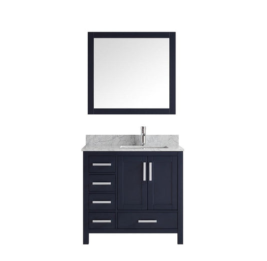 Lexora Jacques 36" Navy Blue Single Vanity Set | White Carrara Marble Top | White Ceramic Square Undermount Sink | 34" Mirror - Right Version