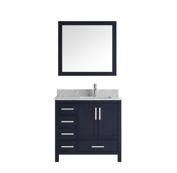 Lexora Jacques 36 Navy Blue Single Vanity Set | White Carrara Marble Top | White Ceramic Square Undermount Sink | 34 Mirror - Right Version