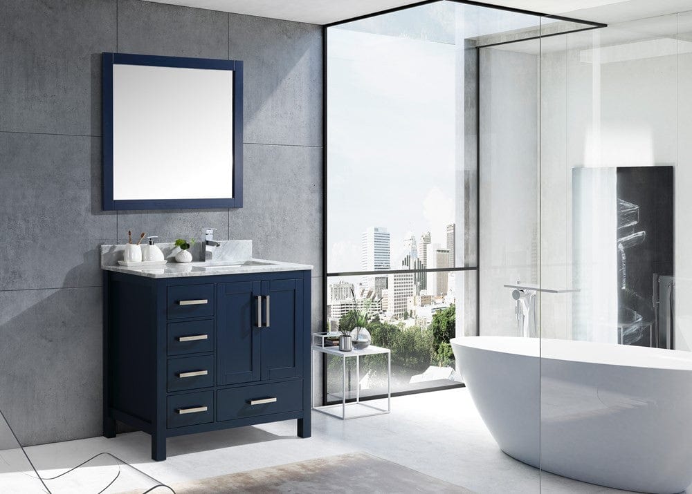 Lexora Vanities Lexora Jacques 36" Navy Blue Single Vanity Set | White Carrara Marble Top | White Ceramic Square Undermount Sink | 34" Mirror - Right Version