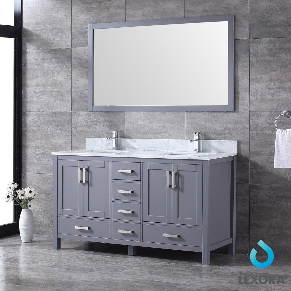 Lexora Jacques 60" Dark Grey Double Vanity Set | White Carrara Marble Top | White Ceramic Square Undermount Sinks | 58" Mirror