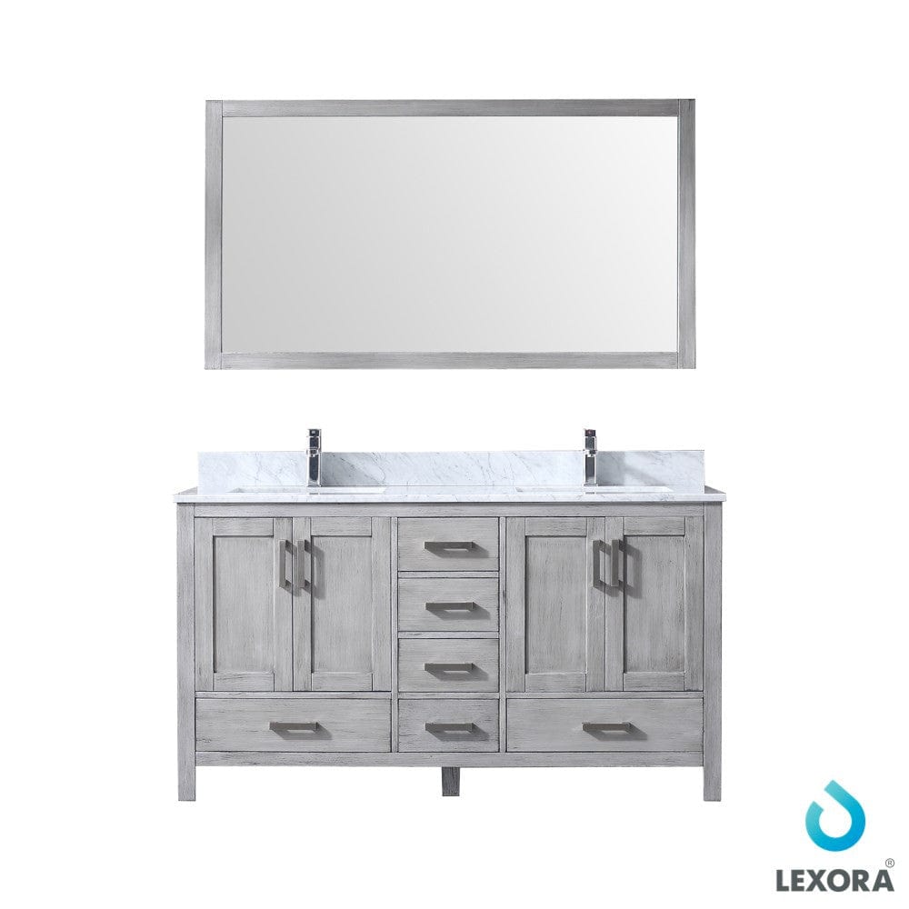 Lexora Vanities Lexora Jacques 60" Distressed Grey Double Vanity Set | White Carrara Marble Top | White Ceramic Square Undermount Sinks | 58" Mirror