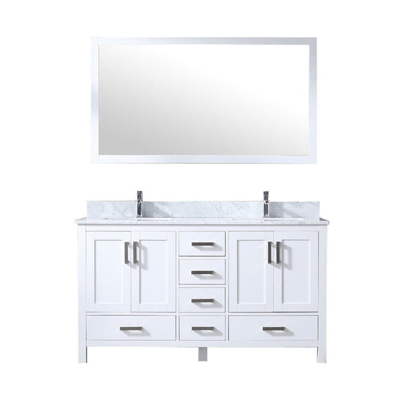 Lexora Jacques 60 White Double Vanity Set | White Carrara Marble Top | White Ceramic Square Undermount Sinks | 58 Mirror