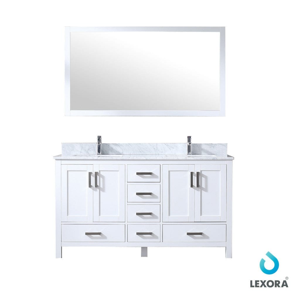 Lexora Vanities Lexora Jacques 60" White Double Vanity Set | White Carrara Marble Top | White Ceramic Square Undermount Sinks | 58" Mirror
