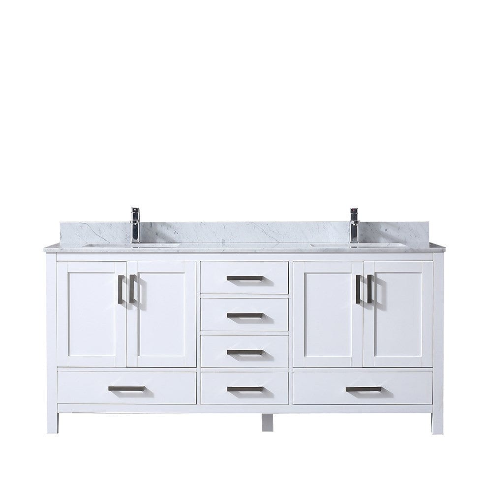 Lexora Vanities Lexora Jacques 72" White Double Vanity | White Carrara Marble Top | White Ceramic Square Undermount Sinks | No Mirror