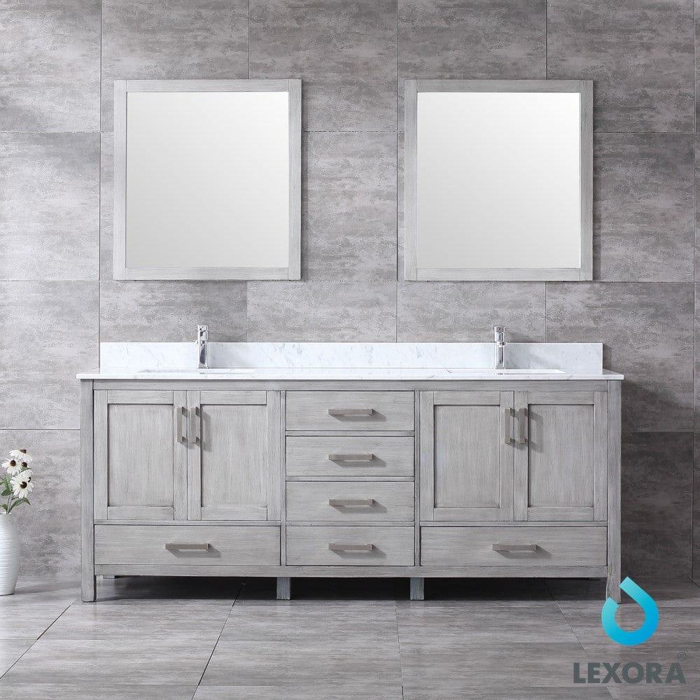 Lexora Vanities Lexora Jacques 80" Distressed Grey Double Vanity Set | White Carrara Marble Top | White Ceramic Square Undermount Sinks | 30" Mirrors