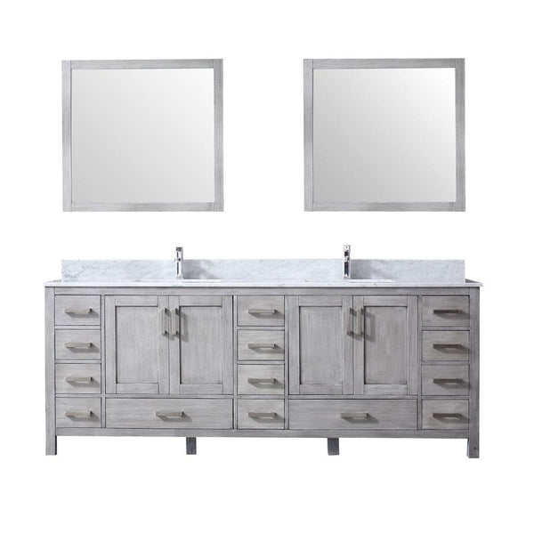 Lexora Jacques 84 Distressed Grey Double Vanity Set | White Carrara Marble Top | White Ceramic Square Undermount Sinks | 34 Mirrors