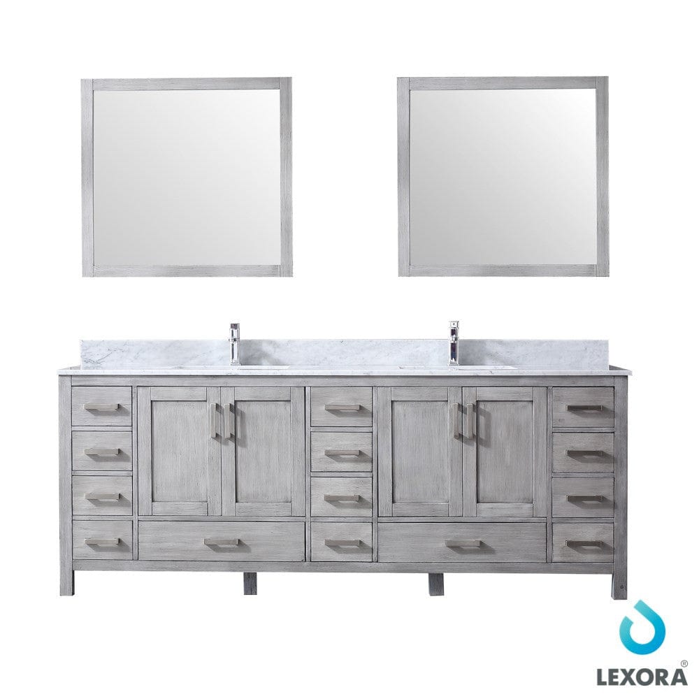 Lexora Vanities Lexora Jacques 84" Distressed Grey Double Vanity Set | White Carrara Marble Top | White Ceramic Square Undermount Sinks | 34" Mirrors