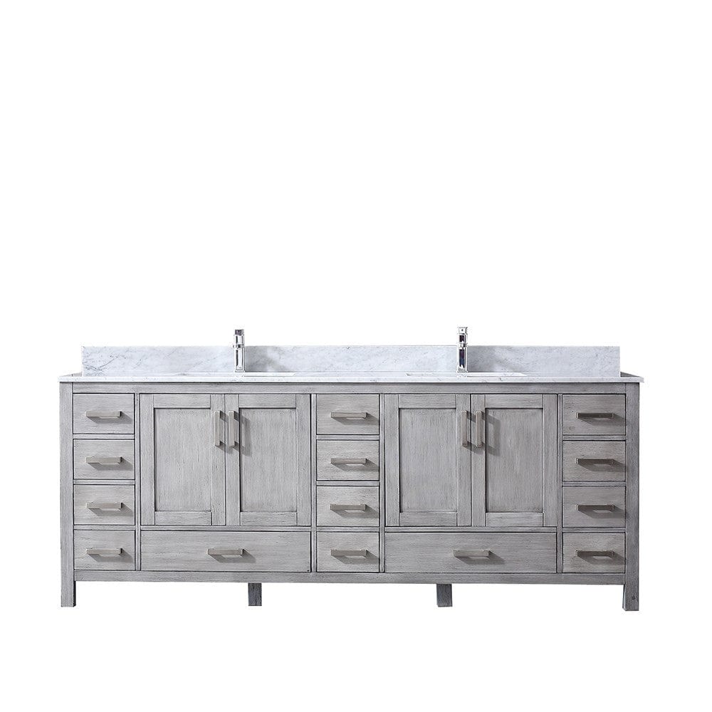 Lexora Vanities Lexora Jacques 84" Distressed Grey Double Vanity | White Carrara Marble Top | White Ceramic Square Undermount Sinks | No Mirror