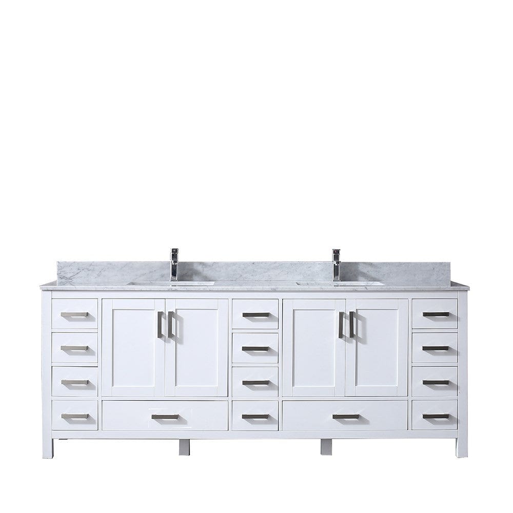 Lexora Vanities Lexora Jacques 84" White Double Vanity | White Carrara Marble Top | White Ceramic Square Undermount Sinks | No Mirror