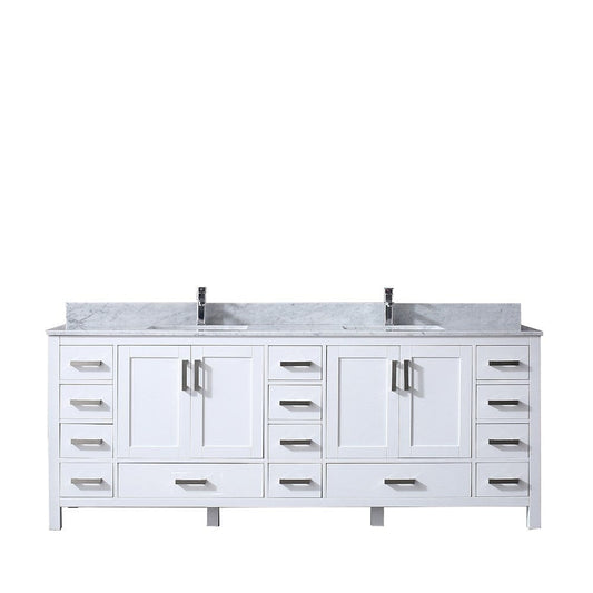 Lexora Jacques 84" White Double Vanity | White Carrara Marble Top | White Ceramic Square Undermount Sinks | No Mirror