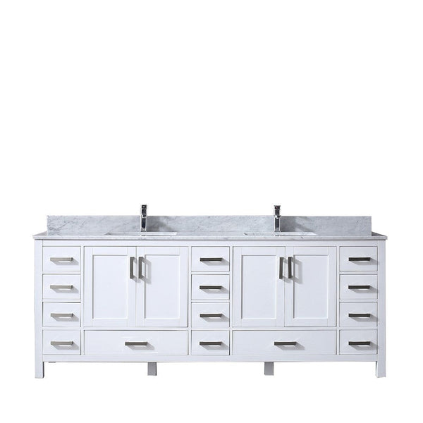 Lexora Jacques 84 White Double Vanity | White Carrara Marble Top | White Ceramic Square Undermount Sinks | No Mirror