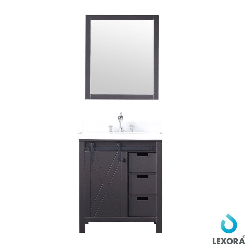 Lexora Vanities Lexora Marsyas 30" Brown Single Vanity Set | White Quartz Top | White Ceramic Square Undermount Sink | 28" Mirror