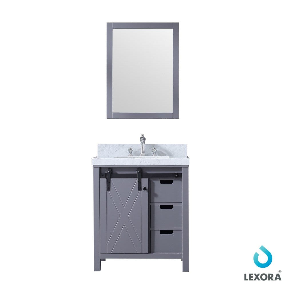 Lexora Vanities Lexora Marsyas 30" Dark Grey Single Vanity Set | White Carrara Marble Top | White Ceramic Square Undermount Sink | 28" Mirror