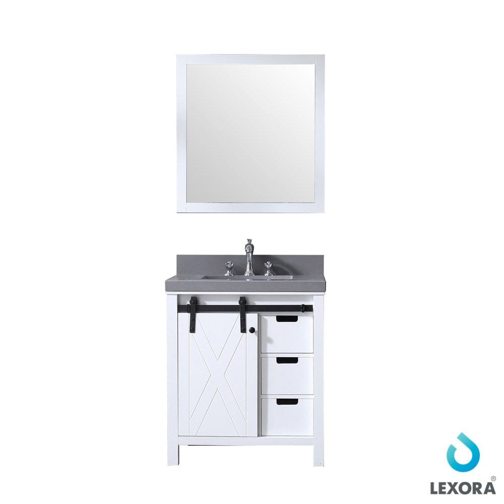 Lexora Vanities Lexora Marsyas 30" White Single Vanity Set | Grey Quartz Top | White Ceramic Square Undermount Sink | 28" Mirror