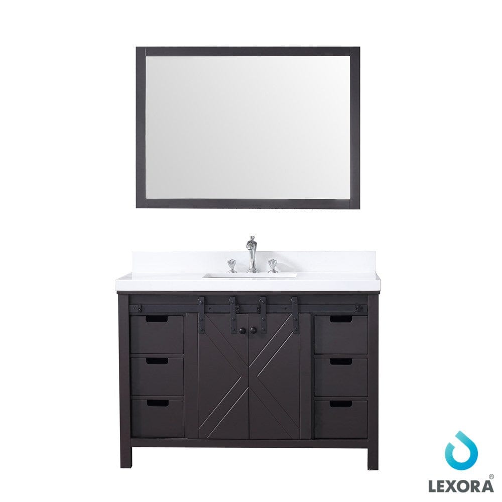 Lexora Vanities Lexora Marsyas 48" Brown Single Vanity Set | White Quartz Top | White Ceramic Square Undermount Sink | 44" Mirror