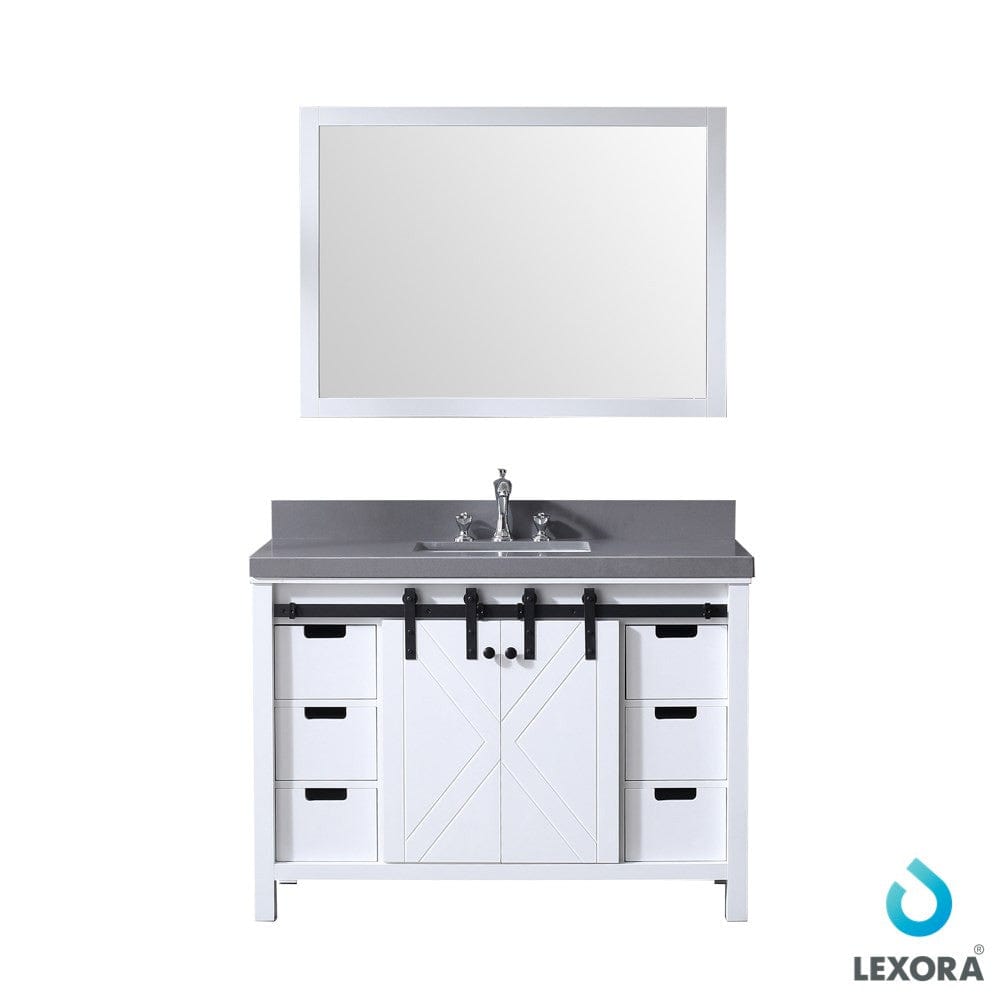 Lexora Vanities Lexora Marsyas 48" White Single Vanity Set | Grey Quartz Top | White Ceramic Square Undermount Sink | 44" Mirror