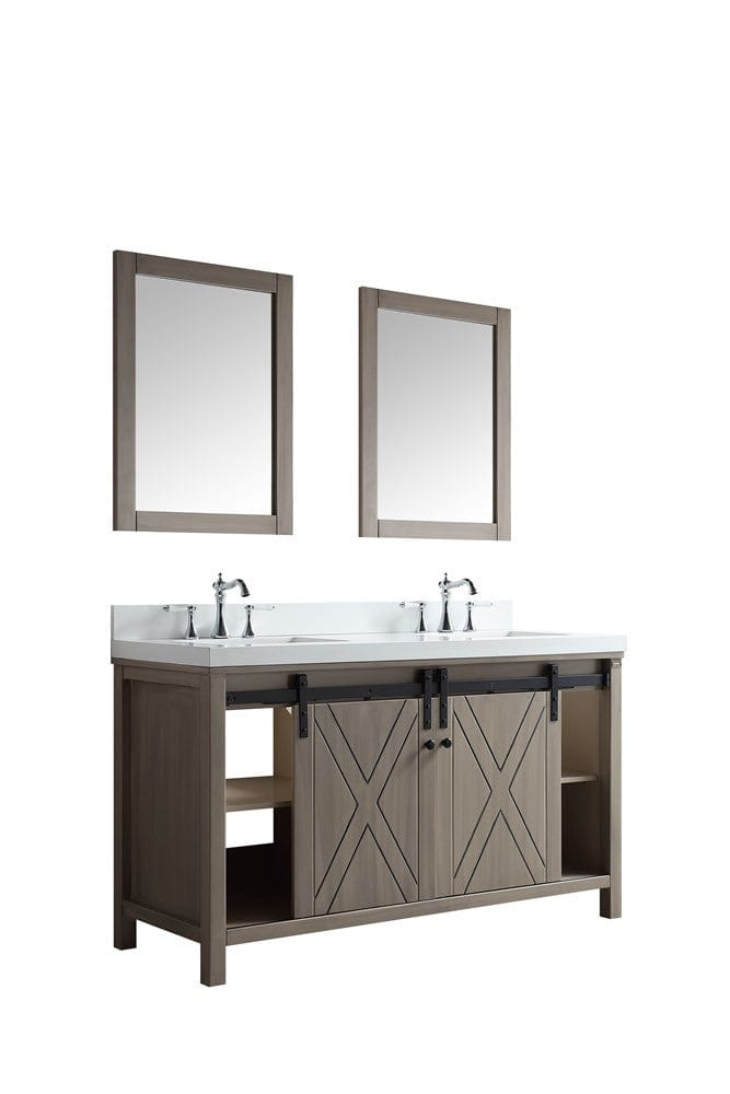 Lexora Vanities Lexora Marsyas 60" Ash Grey Double Vanity Set | White Quartz Top | White Ceramic Square Undermount Sinks | 24" Mirrors
