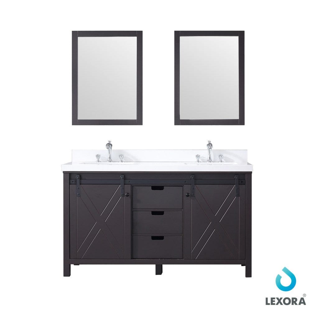 Lexora Vanities Lexora Marsyas 60" Brown Double Vanity Set | White Quartz Top | White Ceramic Square Undermount Sinks | 24" Mirrors