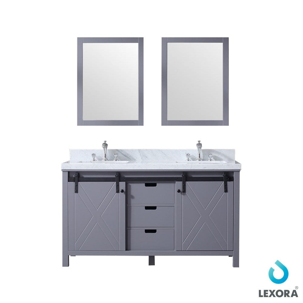 Lexora Vanities Lexora Marsyas 60" Dark Grey Double Vanity Set | White Carrara Marble Top | White Ceramic Square Undermount Sinks | 24" Mirrors