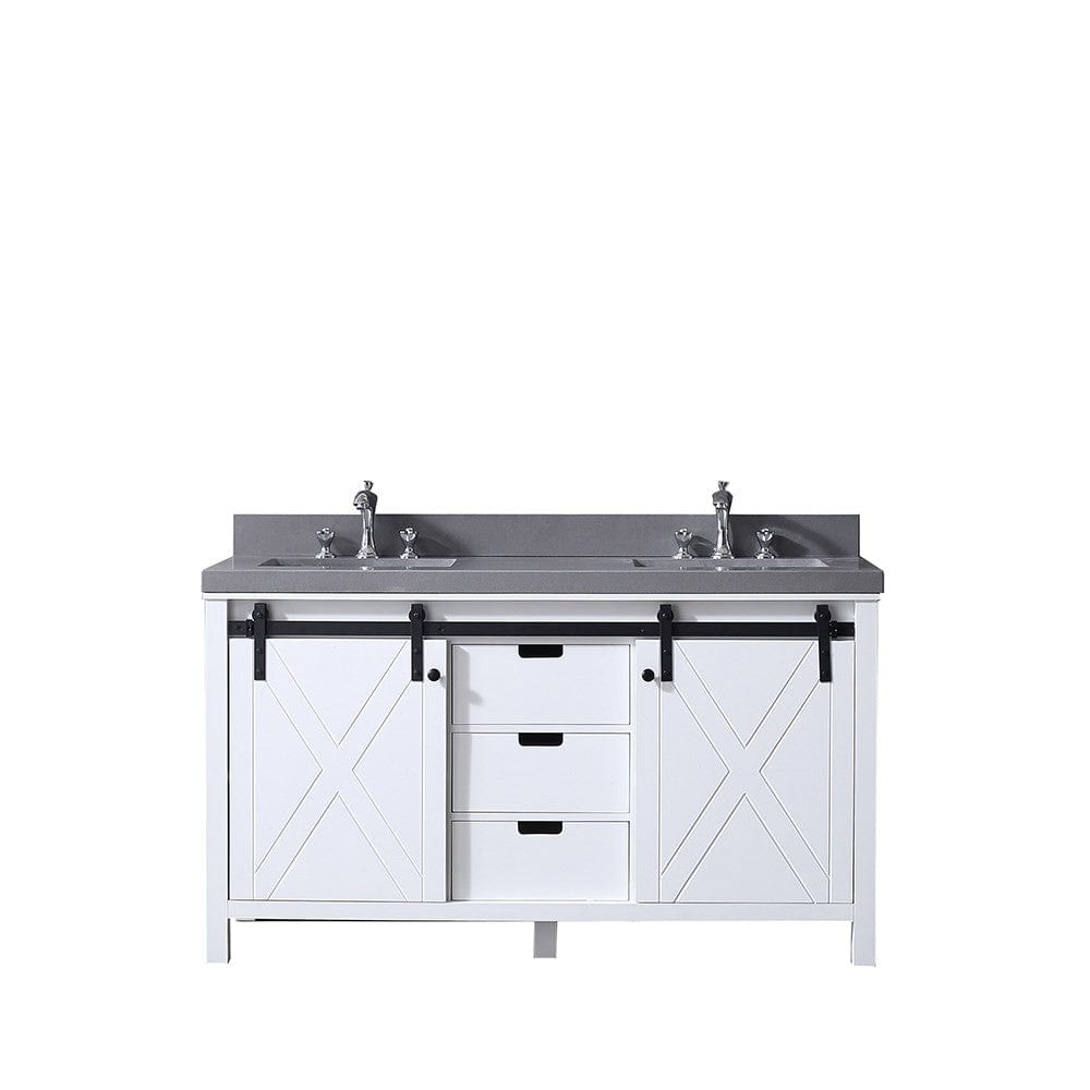 Lexora Vanities Lexora Marsyas 60" White Double Vanity | Grey Quartz Top | White Ceramic Square Undermount Sinks | No Mirror