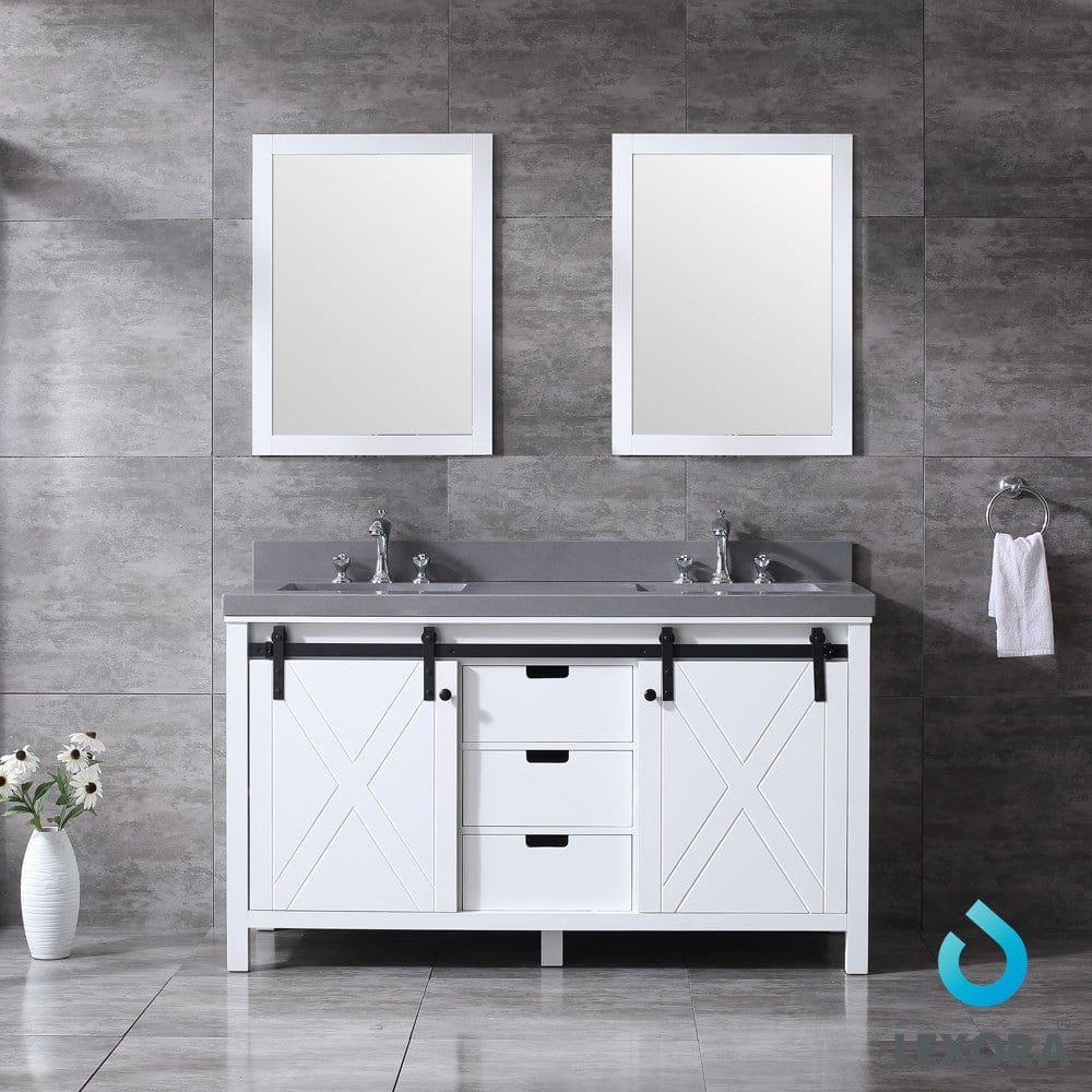 Lexora Vanities Lexora Marsyas 60" White Double Vanity Set in White | Grey Quartz Top | White Ceramic Square Undermount Sinks | 24" Mirrors