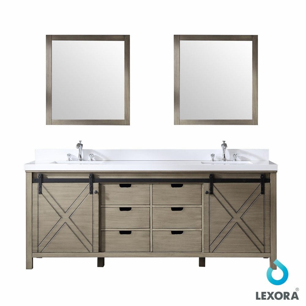 Lexora Vanities Lexora Marsyas 84" Ash Grey Double Vanity Set | White Quartz Top | White Ceramic Square Undermount Sinks | 34" Mirrors