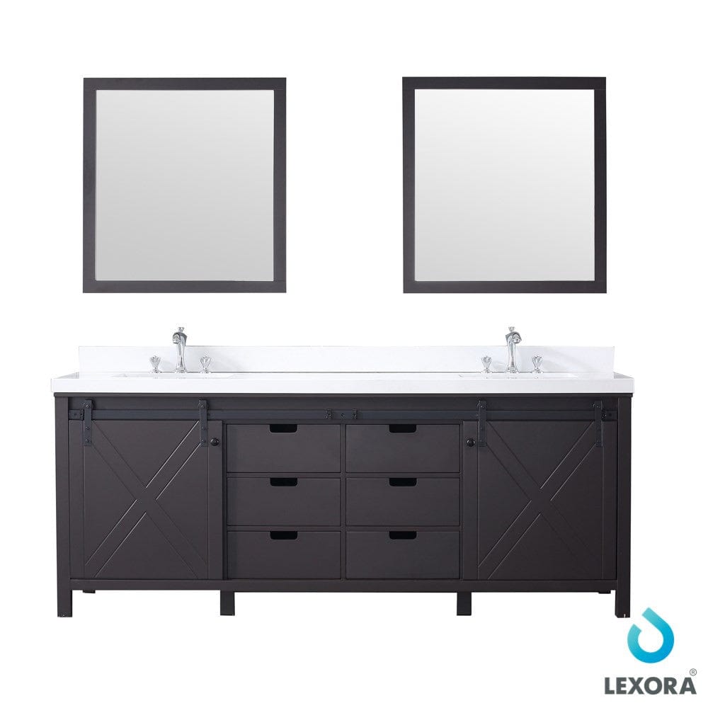 Lexora Vanities Lexora Marsyas 84" Brown Double Vanity Set | White Quartz Top | White Ceramic Square Undermount Sinks | 34" Mirrors