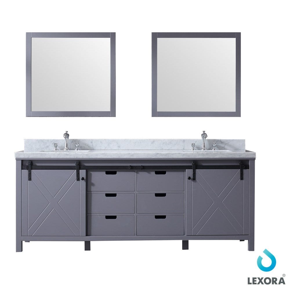 Lexora Vanities Lexora Marsyas 84" Dark Grey Double Vanity Set | White Carrara Marble Top | White Ceramic Square Undermount Sinks | 34" Mirrors