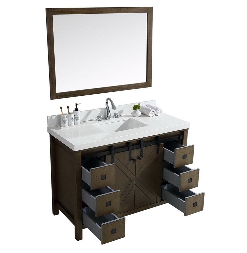 Lexora Vanities Lexora Marsyas Veluti 48" Rustic Brown Single Vanity Set | White Quartz Top | White Ceramic Square Undermount Sink | 44" Mirror