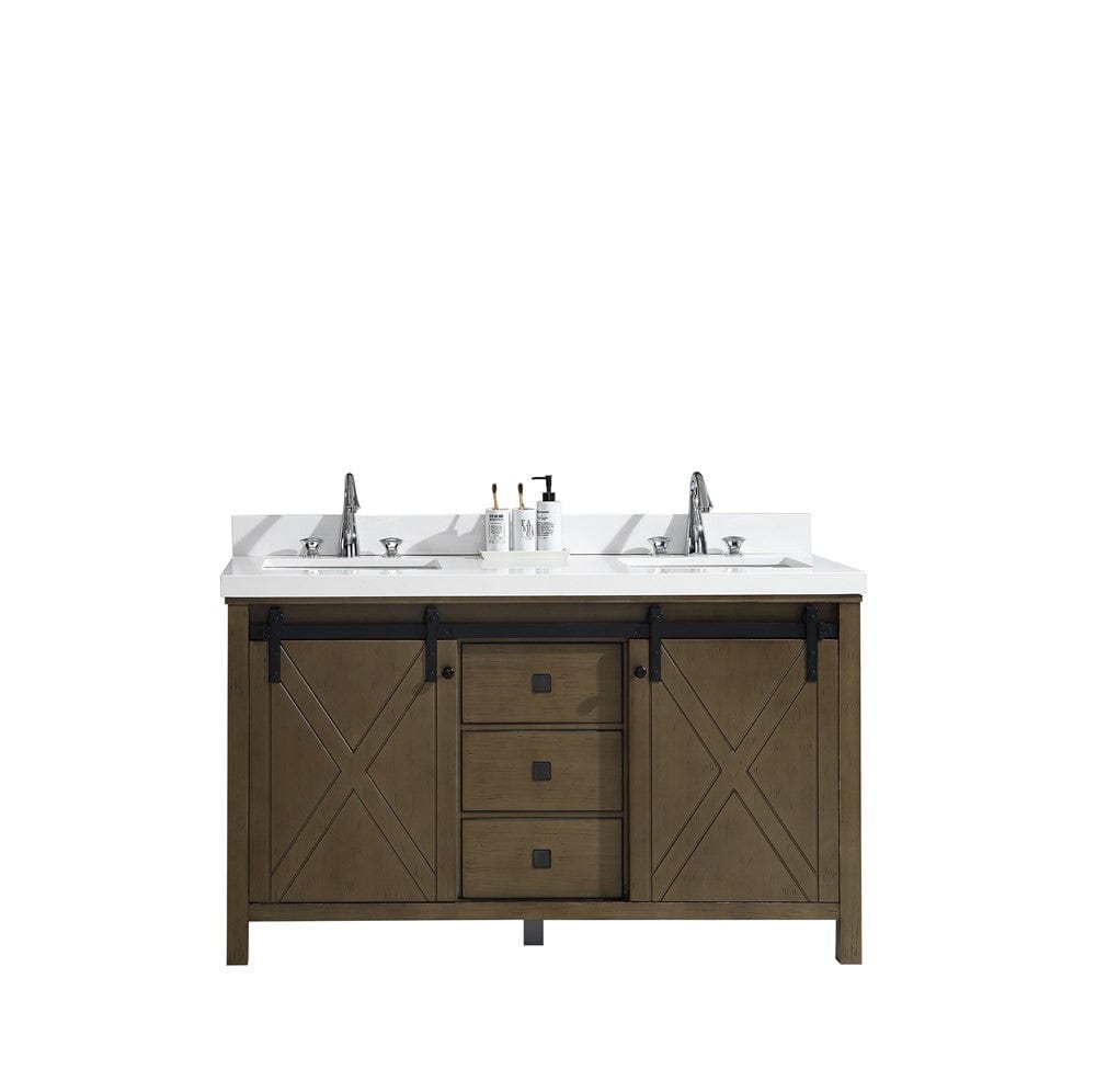Lexora Vanities Lexora Marsyas Veluti 60" Rustic Brown Double Vanity | White Quartz Top | White Ceramic Square Undermount Sinks | No Mirror