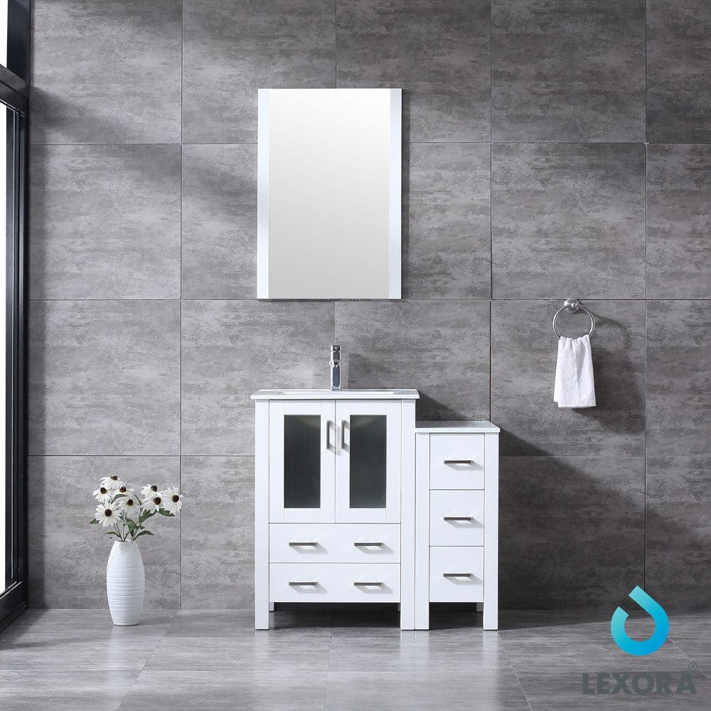 Lexora Vanities Lexora Volez 36" White Single Vanity Set | Side Cabinet | Integrated Top | White Integrated Square Sink | 22" Mirror