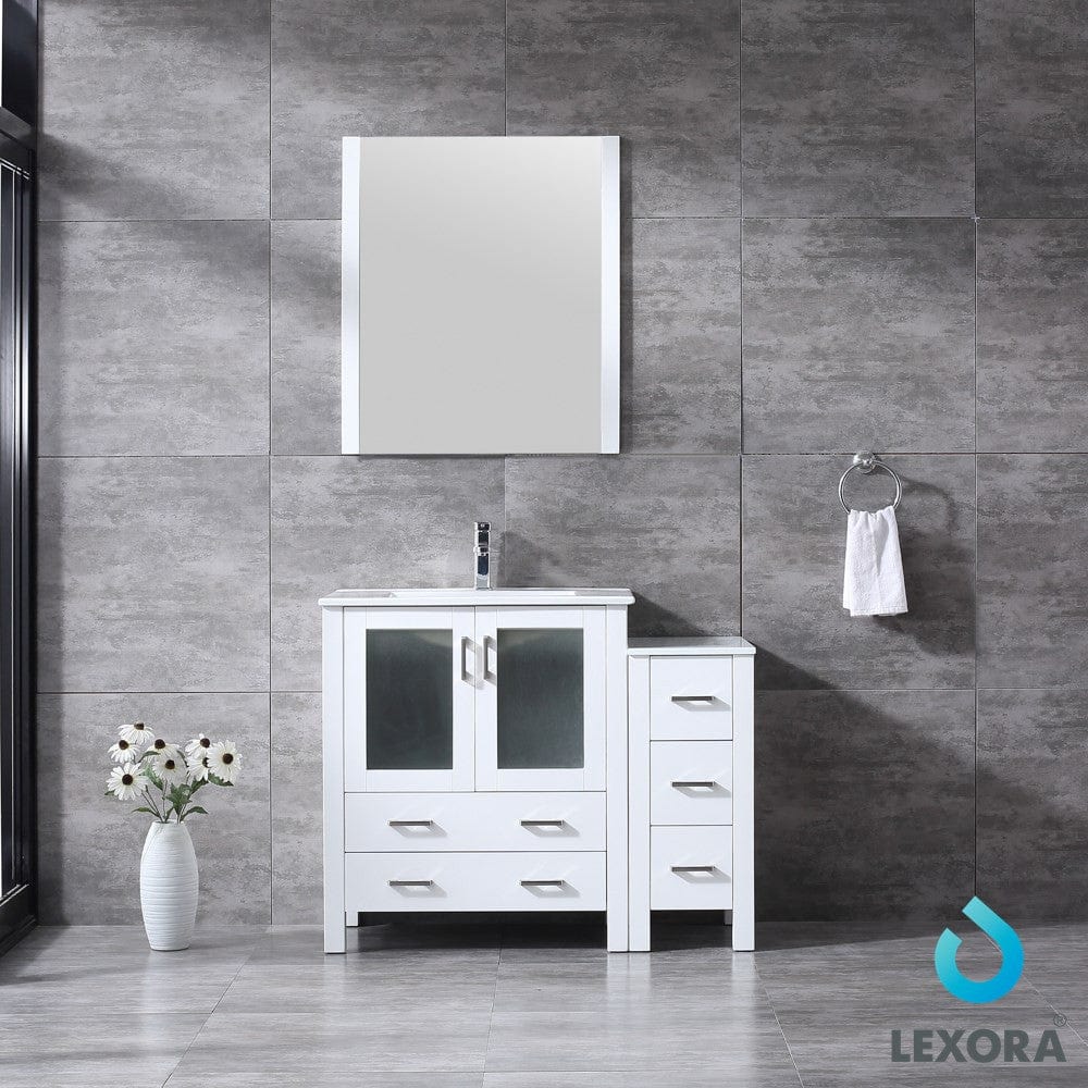Lexora Vanities Lexora Volez 42" White Single Vanity Set | Side Cabinet | Integrated Top | White Integrated Square Sink | 28" Mirror