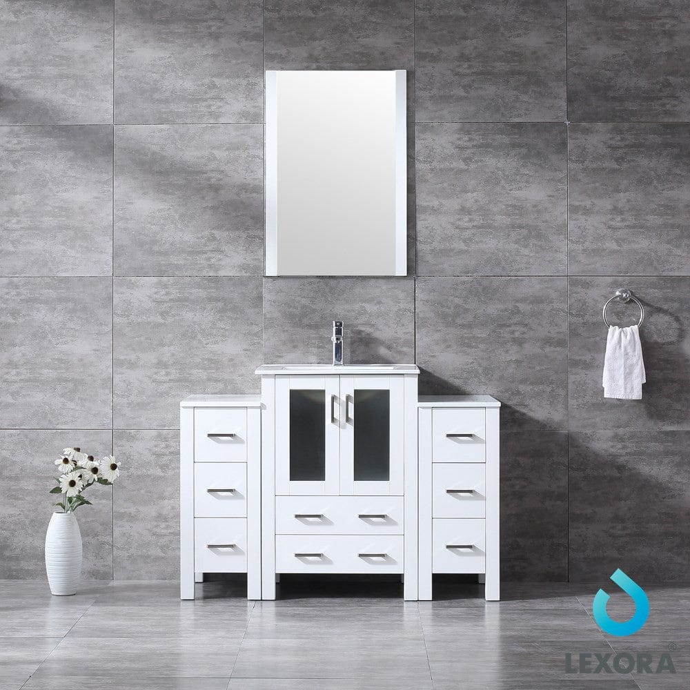 Lexora Vanities Lexora Volez 48" White Single Vanity Set | 2 Side Cabinets | Integrated Top | White Integrated Square Sink | 22" Mirror
