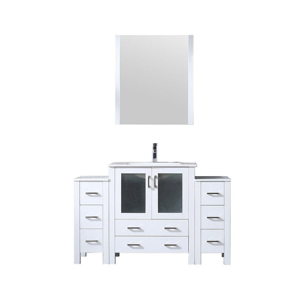 Lexora Volez 54 White Single Vanity Set | 2 Side Cabinets | Integrated Top | White Integrated Square Sink | 28 Mirror