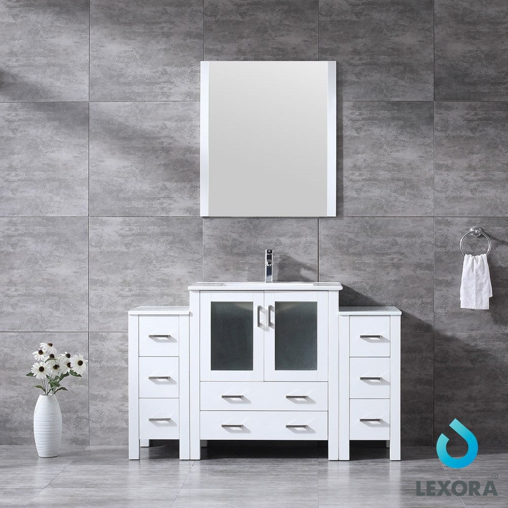 Lexora Vanities Lexora Volez 54" White Single Vanity Set | 2 Side Cabinets | Integrated Top | White Integrated Square Sink | 28" Mirror