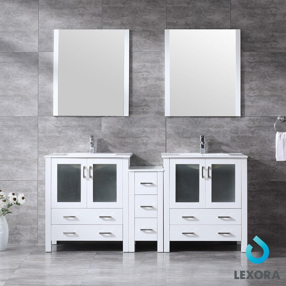Lexora Vanities Lexora Volez 72" White Double Vanity Set | Side Cabinet | Integrated Top | White Integrated Square Sink | 28" Mirrors