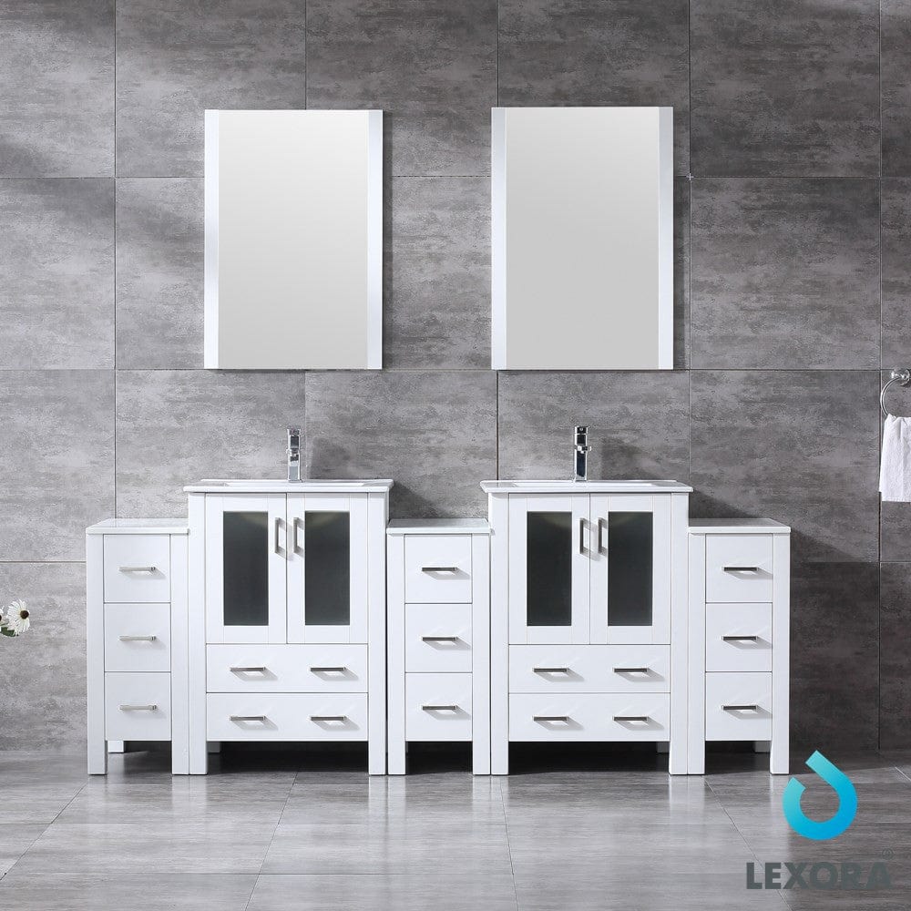 Lexora Vanities Lexora Volez 84" White Double Vanity Set | 3 Side Cabinets | Integrated Top | White Integrated Square Sink | 22" Mirrors