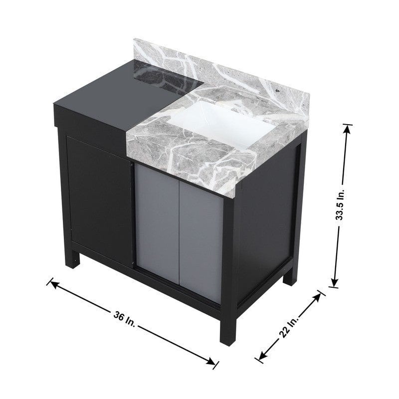 Lexora Vanities Zilara 36" Black and Grey Vanity, Castle Grey Marble Top, 30" Frameless Mirror | LZ342236SLISM30