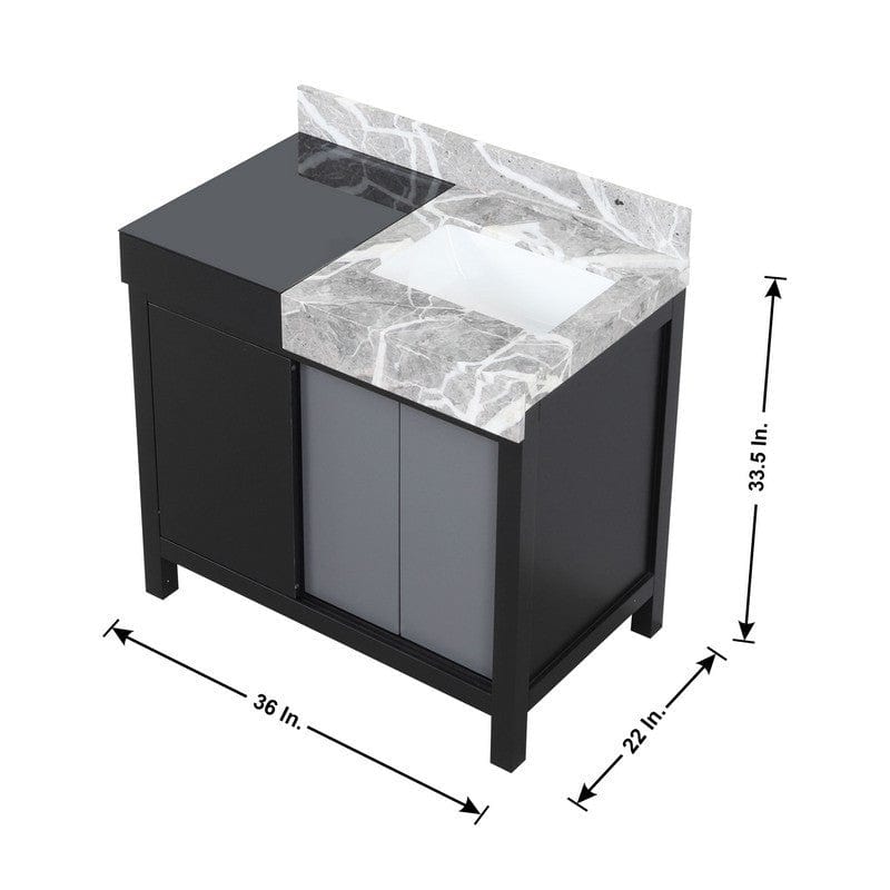 Lexora Vanities Zilara Transitional Black and Grey 36" Vanity, Castle Grey Marble Top, and White Square Sink