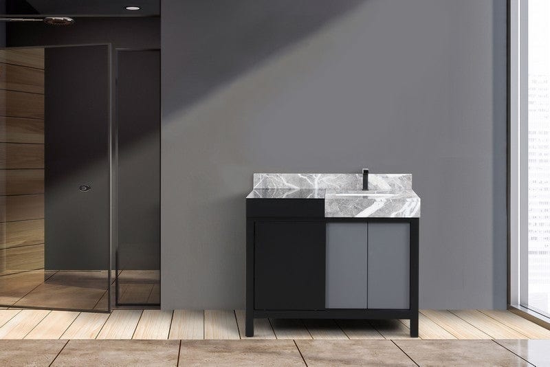 Lexora Vanities Zilara Transitional Black and Grey 42" Vanity, Castle Grey Marble Top, and Balzani Gun Metal Faucet | LZ342242SLISFBG
