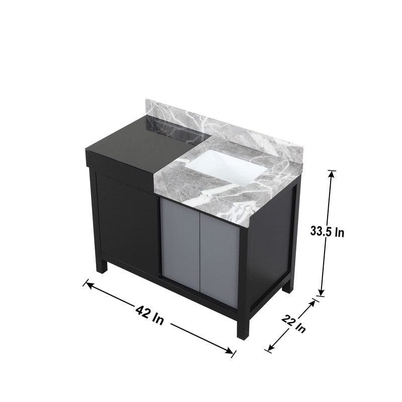 Lexora Vanities Zilara Transitional Black and Grey 42" Vanity Set, Cascata Nera Matte Black Faucet Set, and 34" Frameless Mirror | LZ342242SLISM34FCM